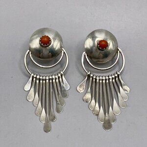 Navajo Paula Armstrong Coral Chandelier Pierced Earrings Signed Sterling Silver